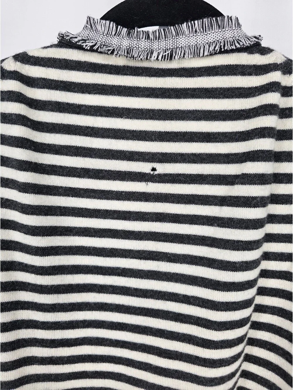 J CREW Womens Sz M Black White Stripe Fringe Cardigan Sweater
